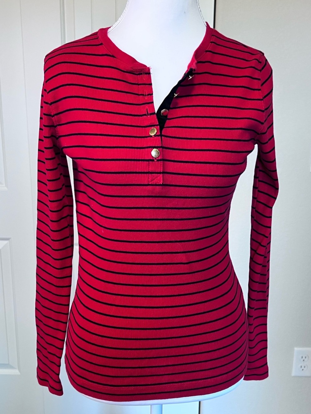 Lauren Ralph Lauren Red Black Striped Long-Sleeve Cotton Button Henley Medium